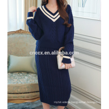 PK17ST452 Women Slim Cable Knit Cashmere Sweater and Bodycon Mini Skirt 2 Piece Set